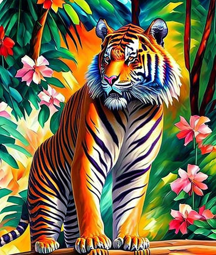 Colorful Tiger in Tropical Flora with Green, Orange, and Pink Hues