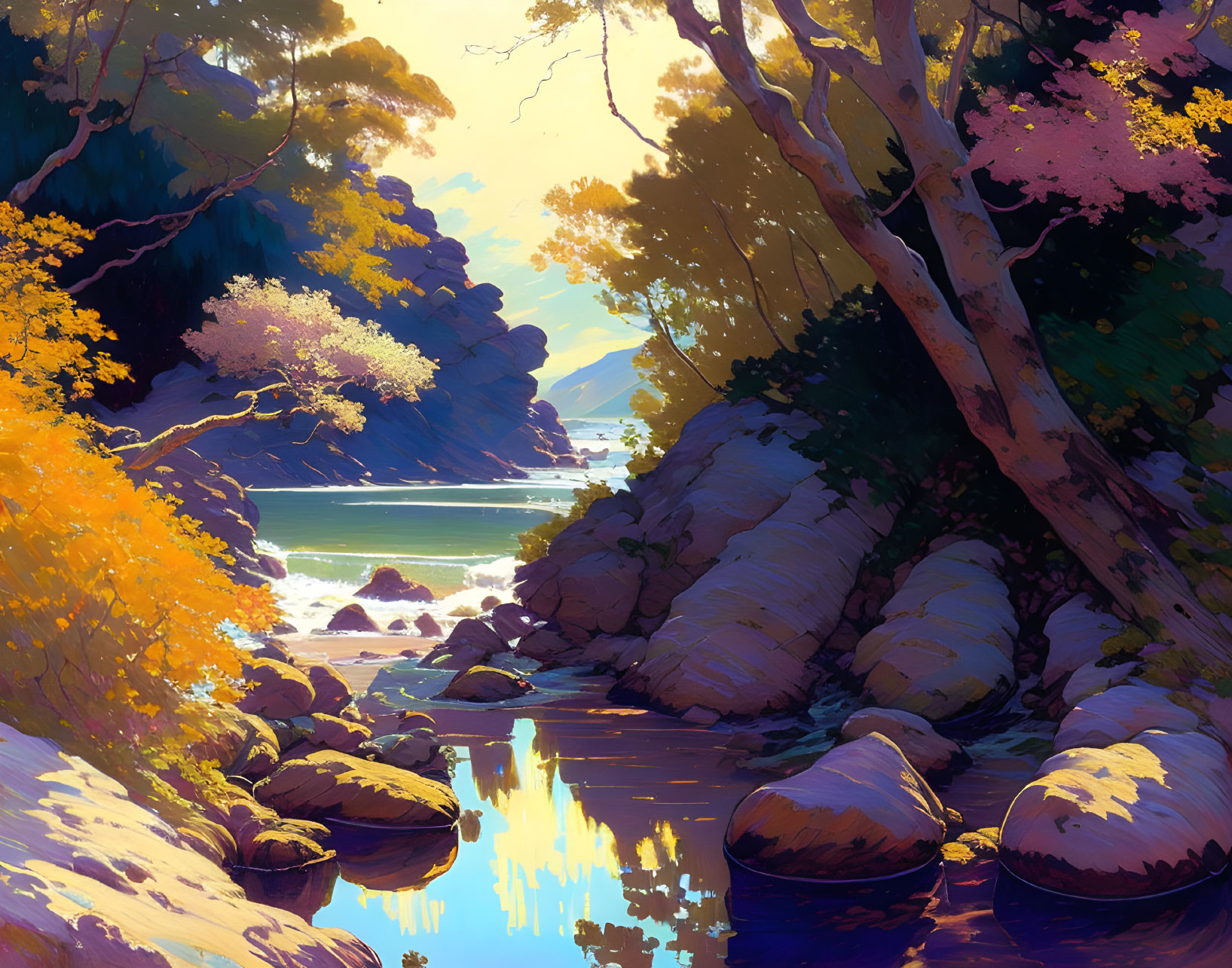 Colorful forest river scene with sunlit beach