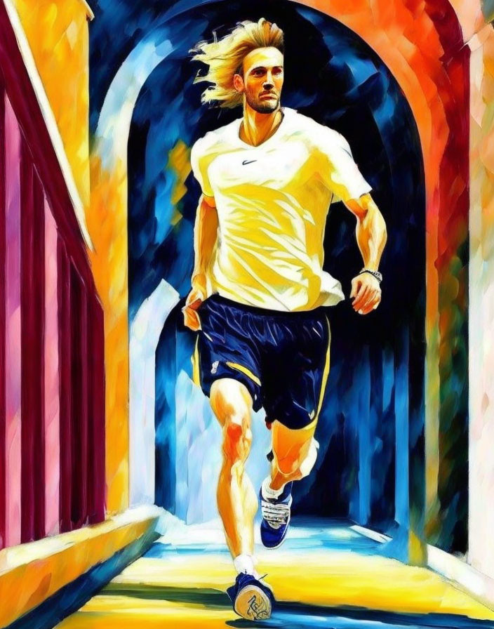 Colorful painting: Blond man running in vibrant corridor