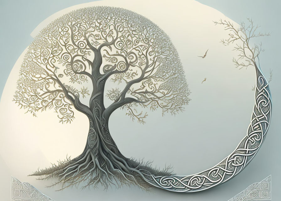 Detailed Yin-Yang Tree Illustration with Flying Birds