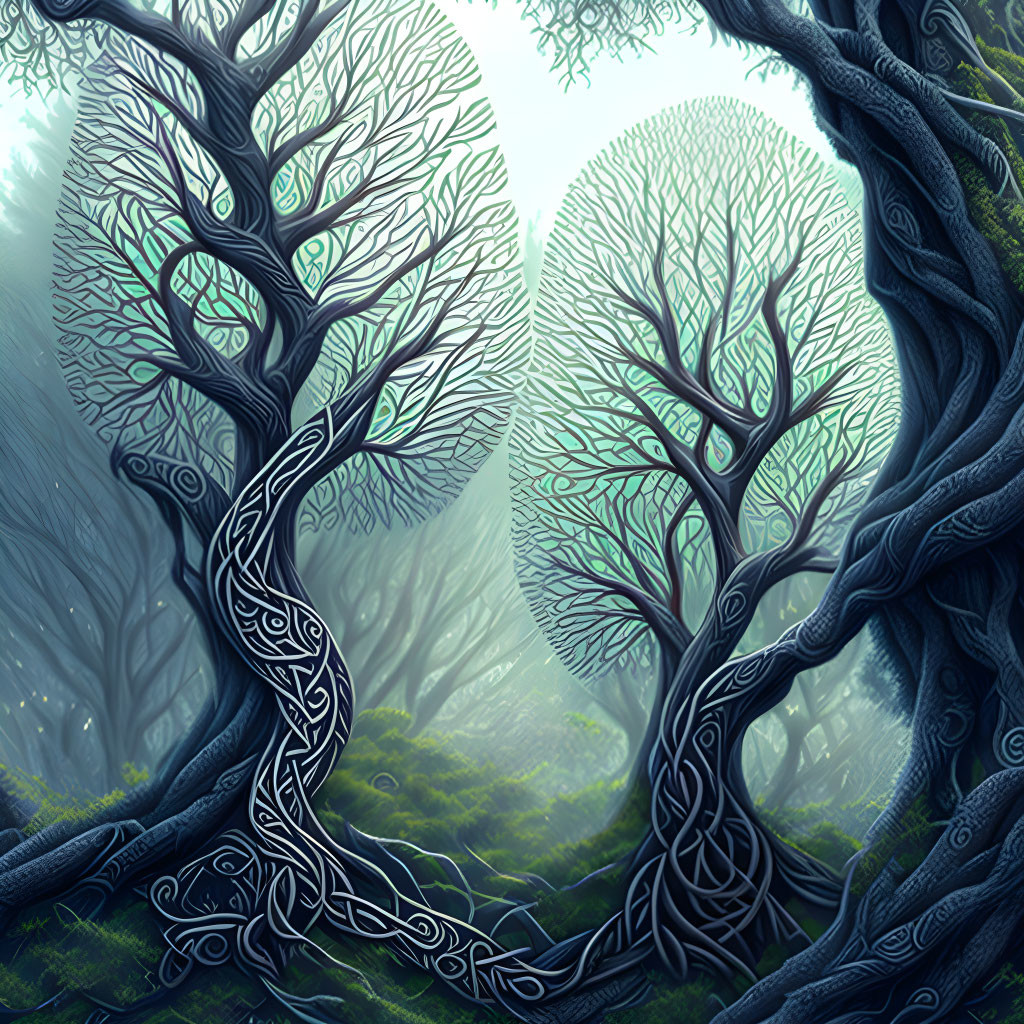 Ornate entwined trees in mystical forest scene