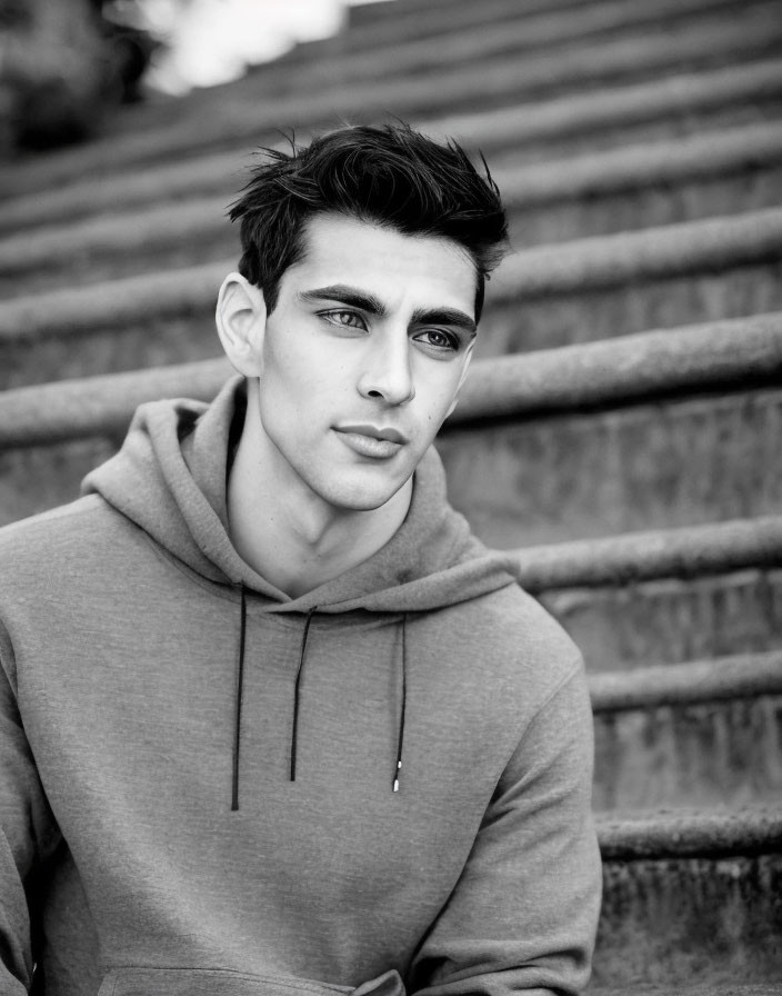 Monochrome image of young man in hoodie on steps