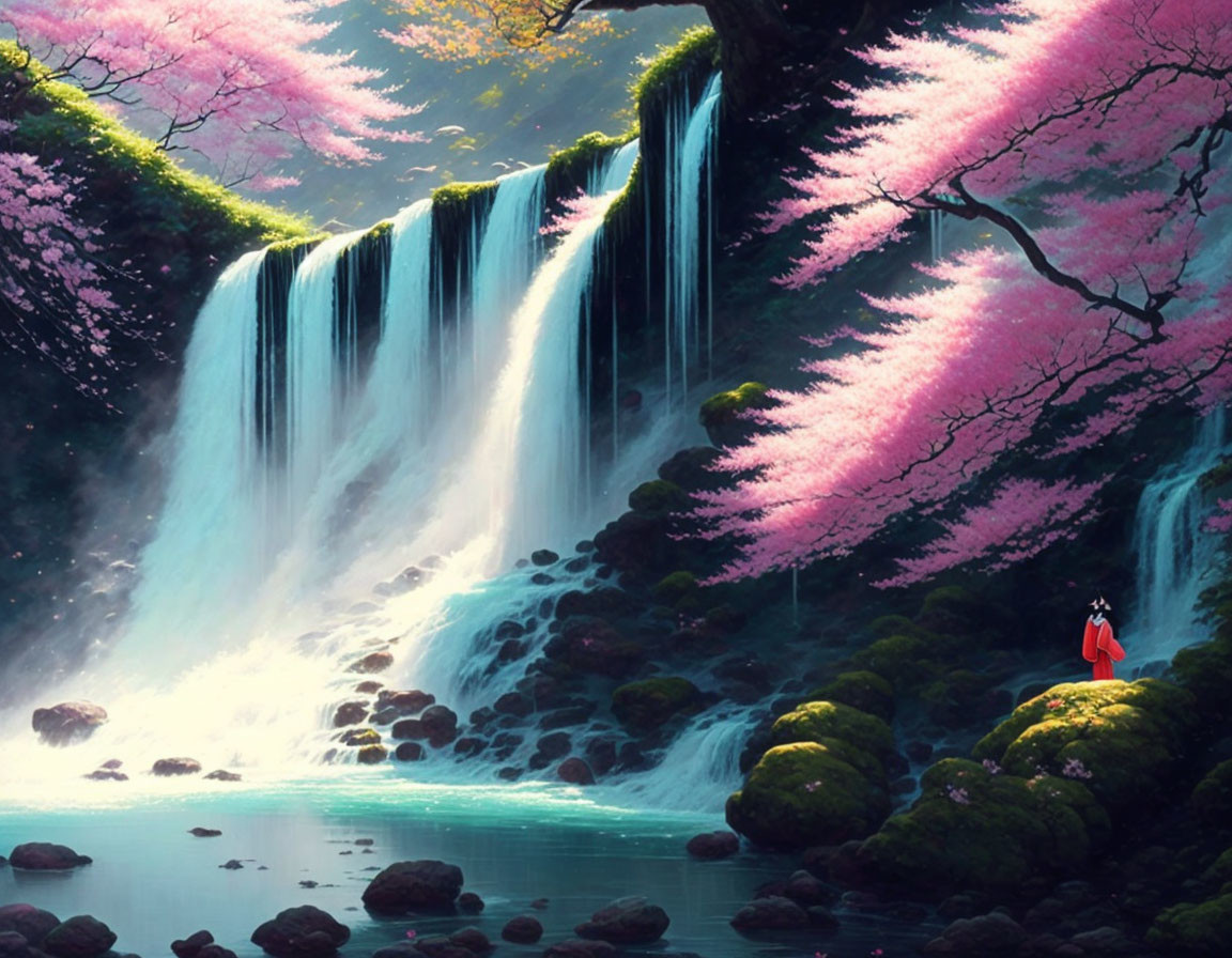 Tranquil waterfall with pink blossoming trees and figure in red cloak