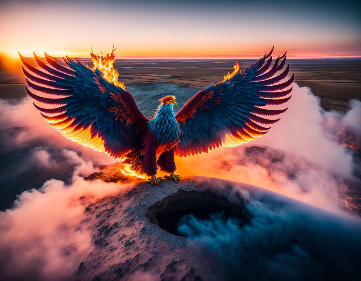 Majestic phoenix with fiery wings in volcanic crater at sunrise