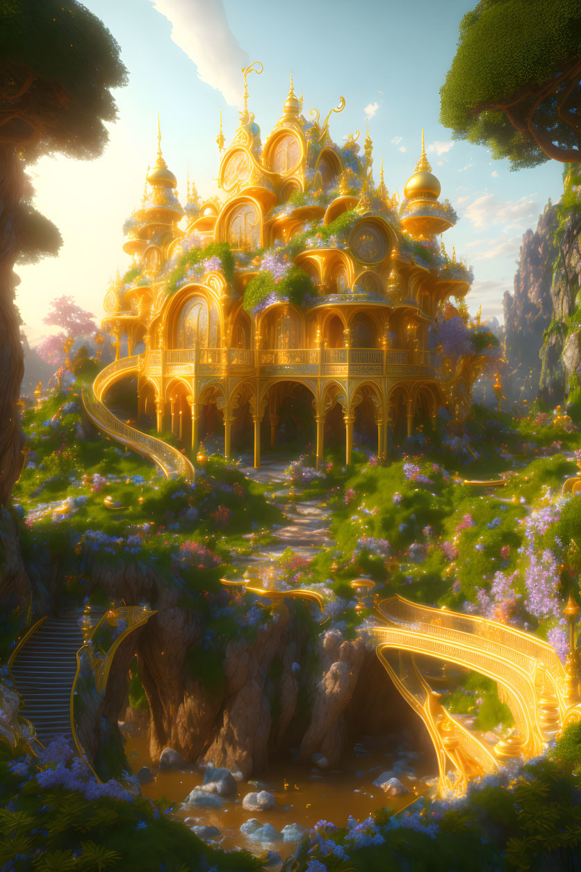 Golden palace surrounded by lush greenery, purple flowers, flowing river, and warm light