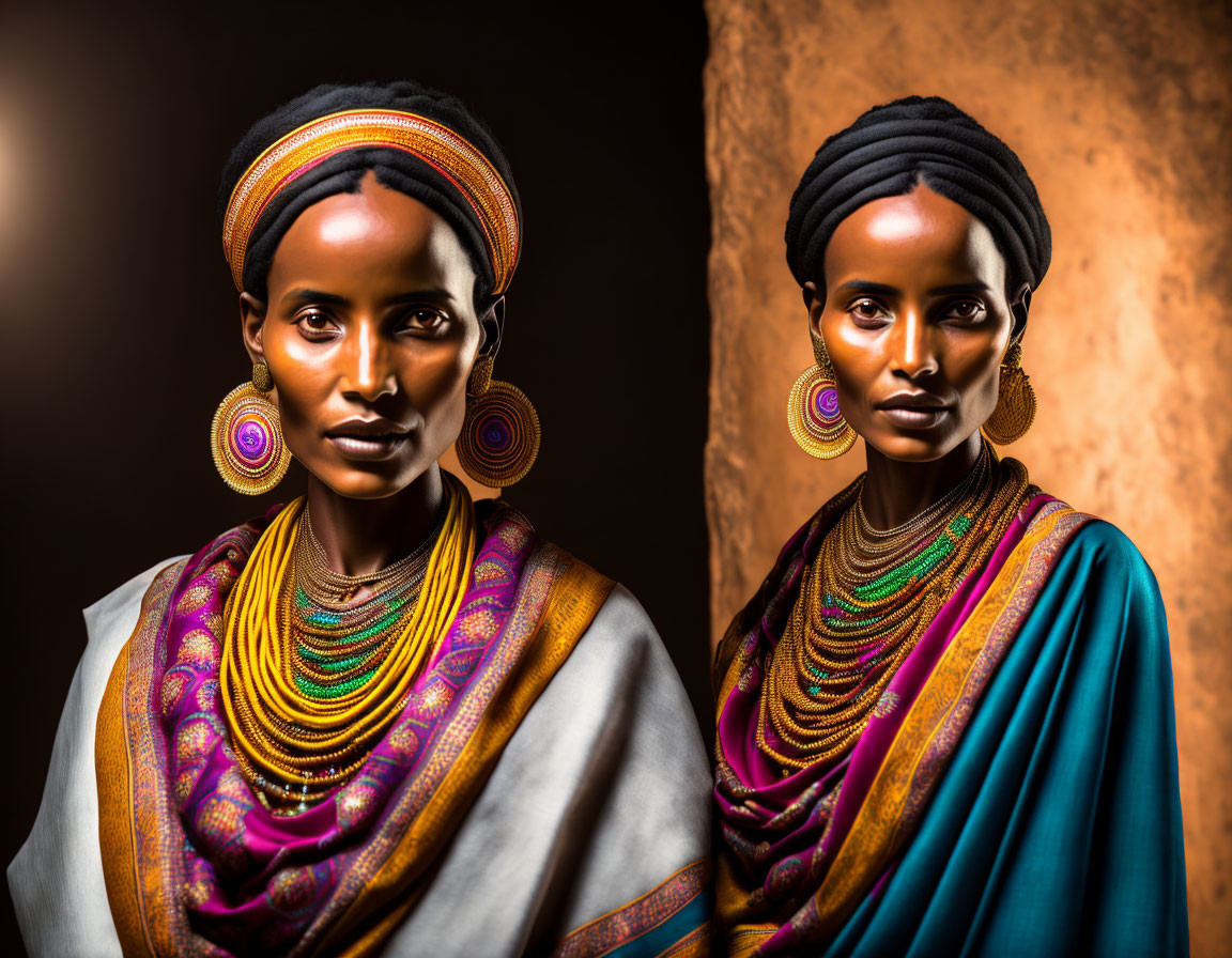 Traditional African Attire: Two Women in Vibrant Colors and Jewelry