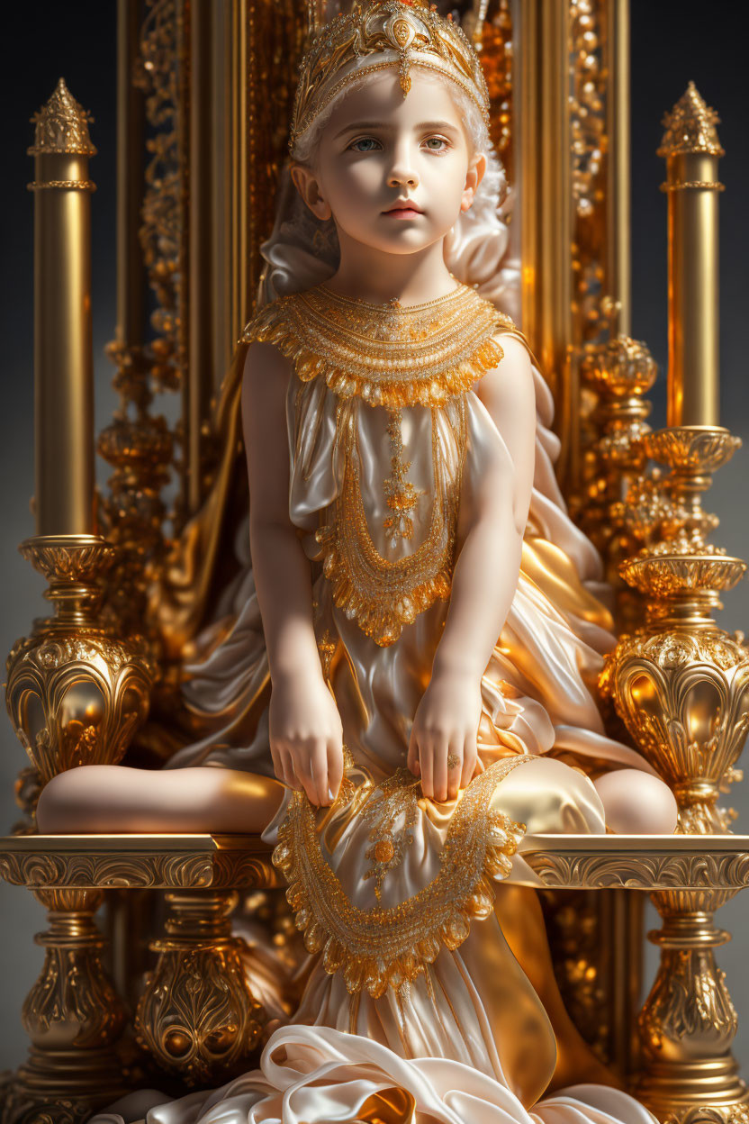 Child in opulent golden costume surrounded by regal decor