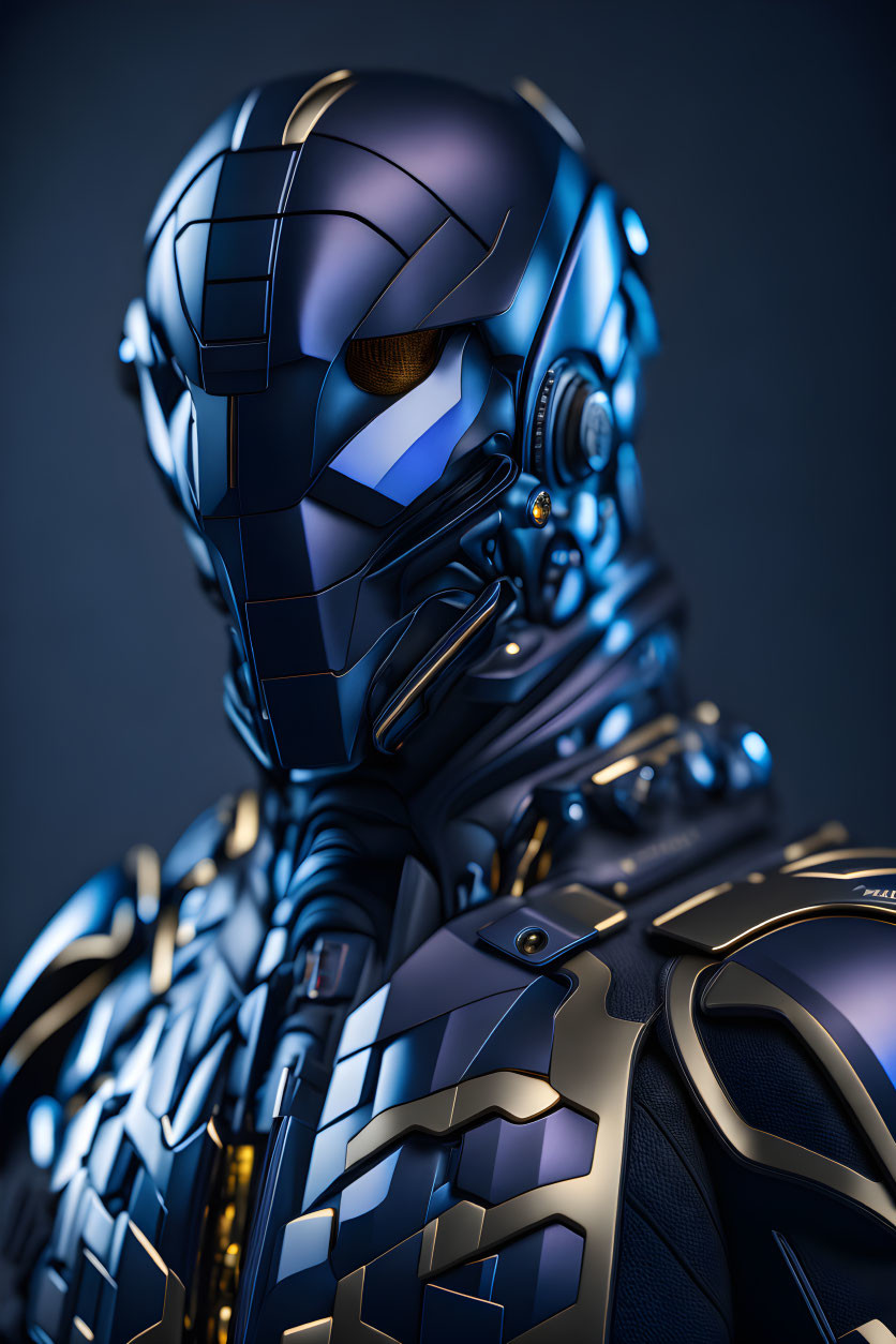 Detailed Futuristic Robotic Humanoid in Black and Blue Armor