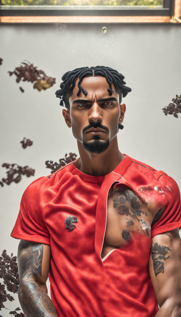 Man with dreadlocks, beard, tattoos in torn red shirt with floating leaves