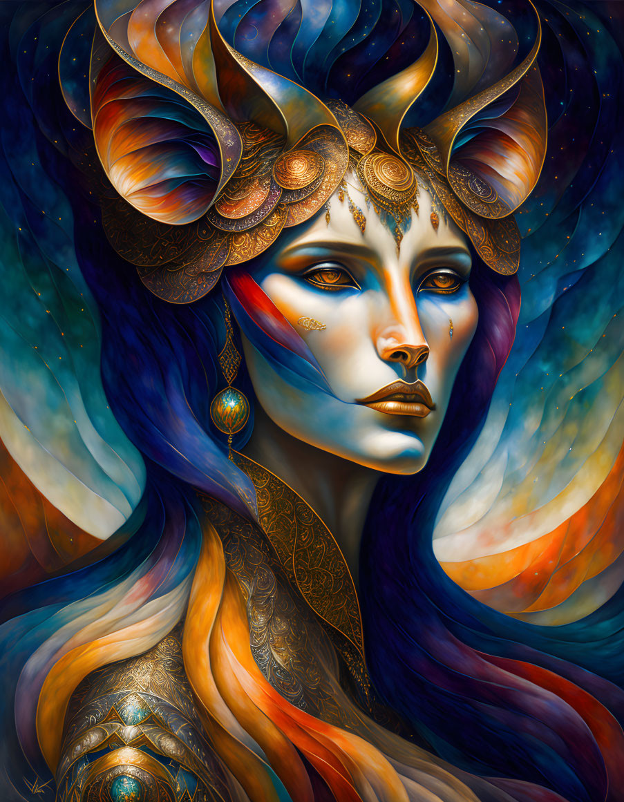 Digital artwork: Woman with blue skin, golden headdress, horns, and celestial hair