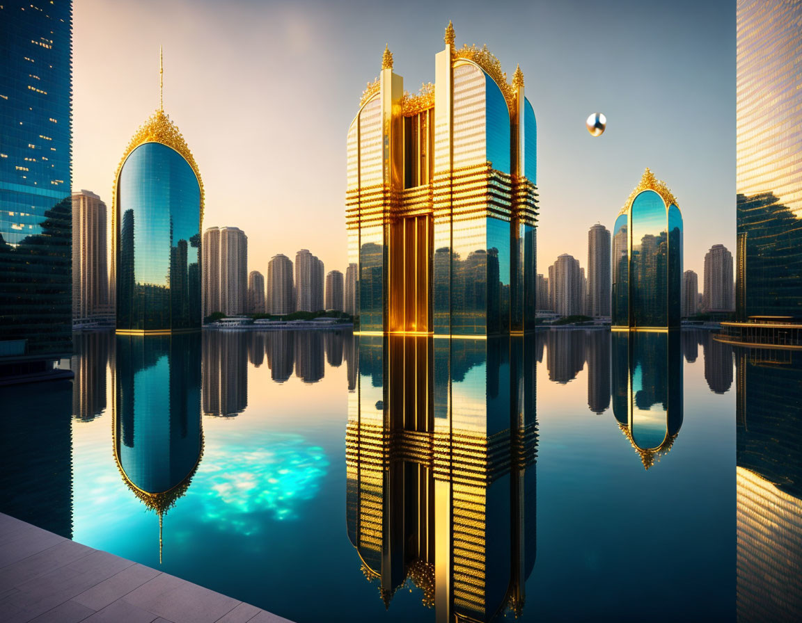 Ornate gold-accented skyscrapers reflected on tranquil water at sunset