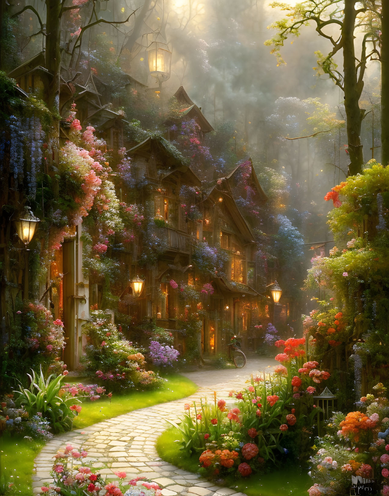 Flower-covered village with cobblestone paths and glowing lanterns