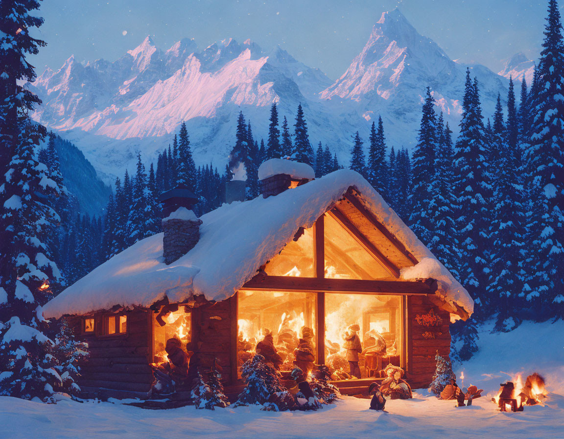 Snow-covered cabin with fireplace & people, mountains backdrop at dusk