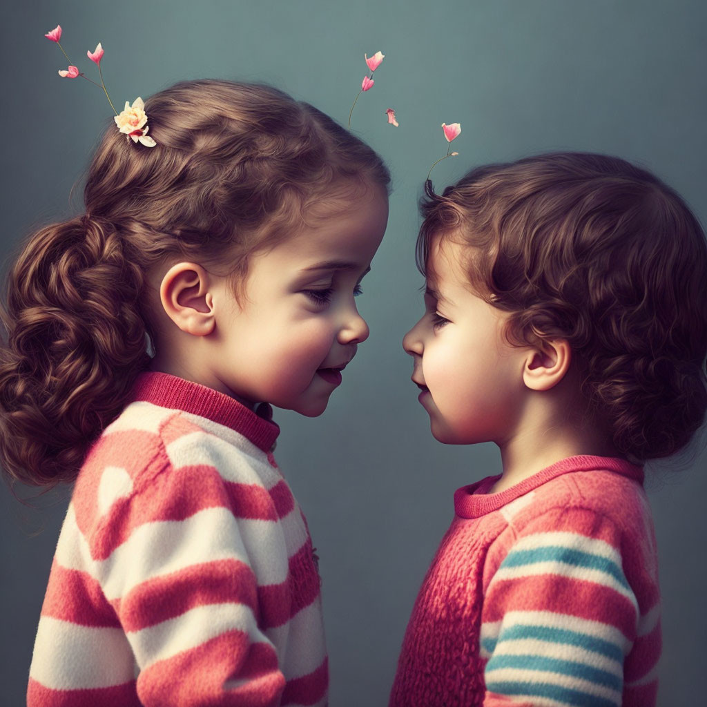 Two young girls with braided hair in striped sweaters touching foreheads with pink petals floating between them