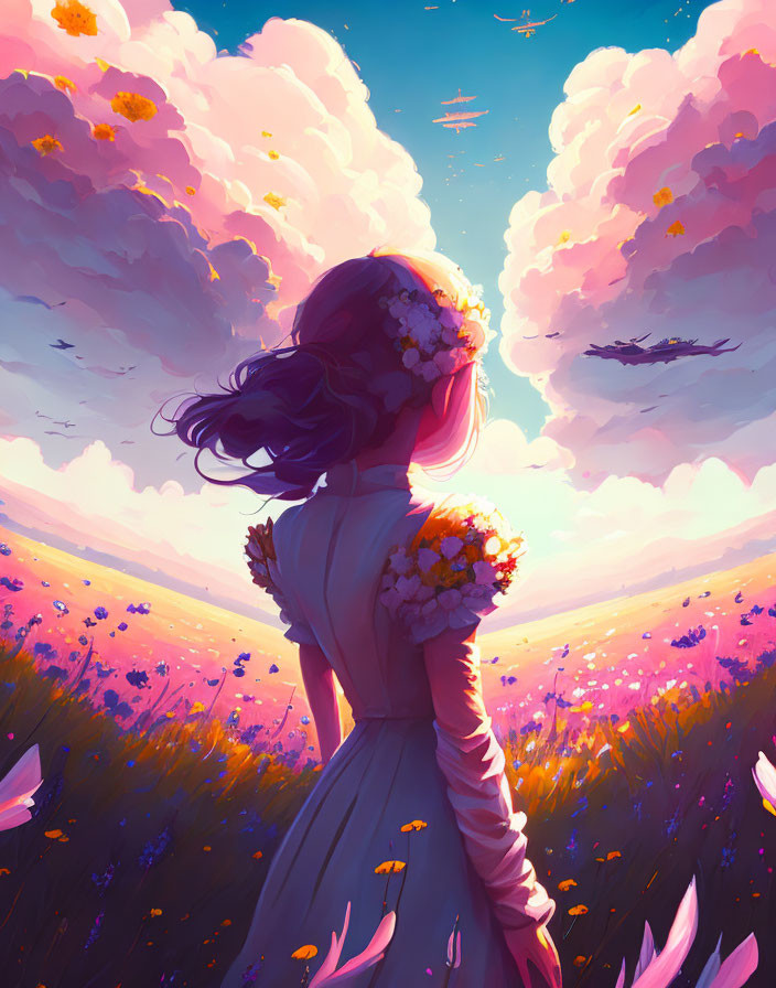 Girl in floral dress in vibrant field at sunset with floating ships and swirling clouds