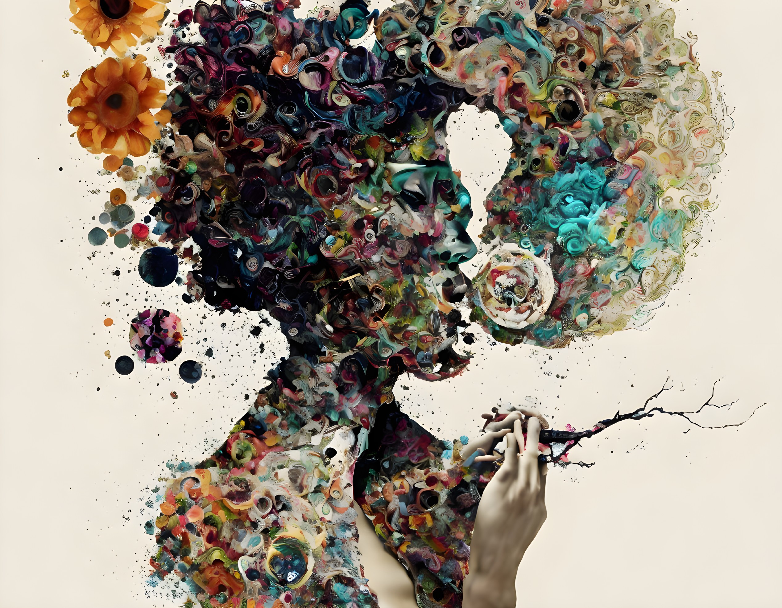 Colorful surreal artwork: Profile silhouette with swirling patterns and flowers