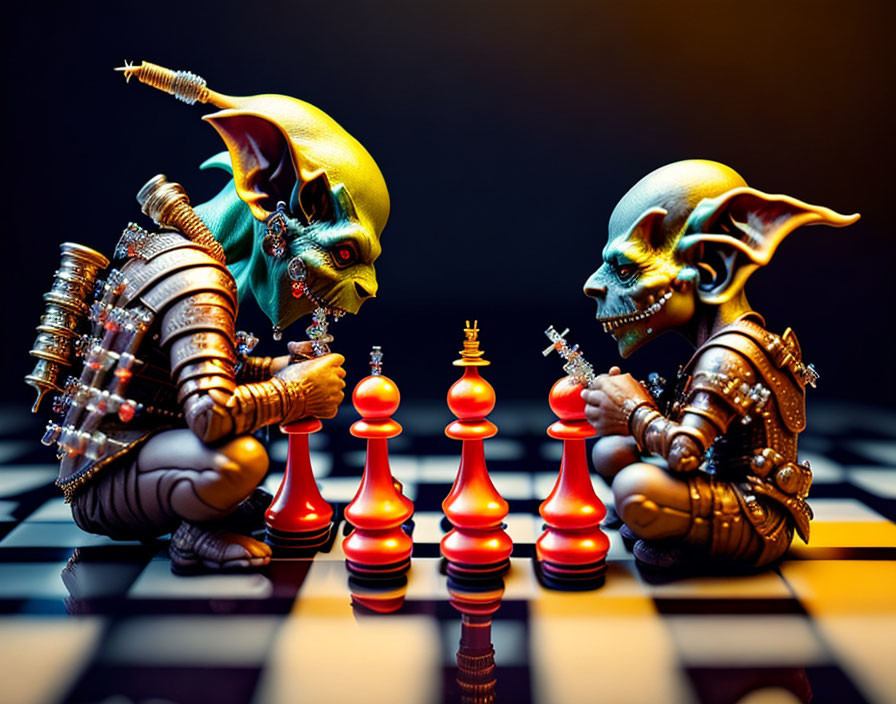 Stylized fantasy creatures playing chess on checkerboard surface