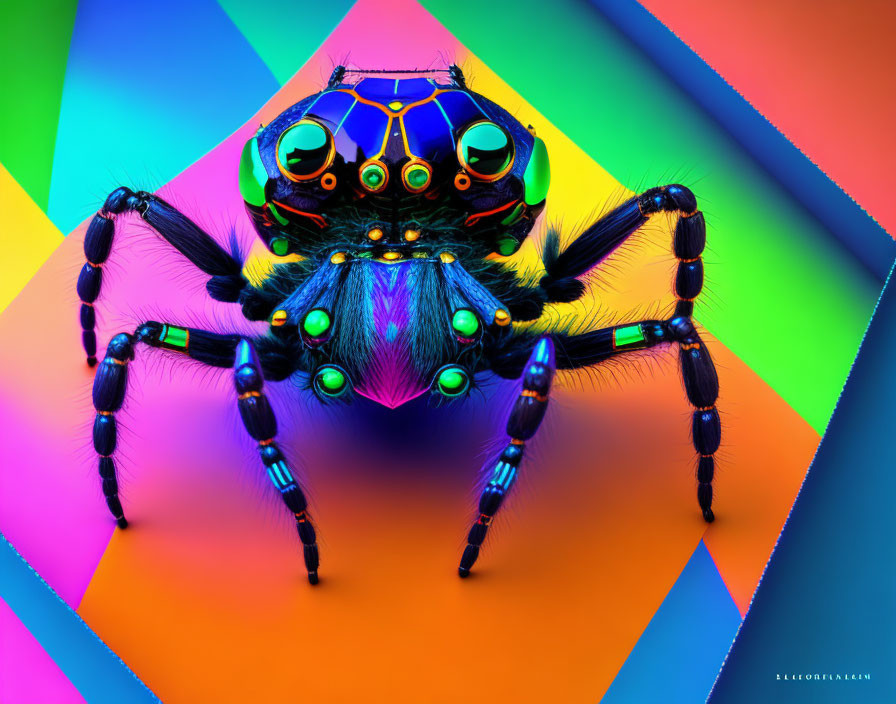 Colorful Spider Artwork with Blue and Orange Tones on Geometric Background