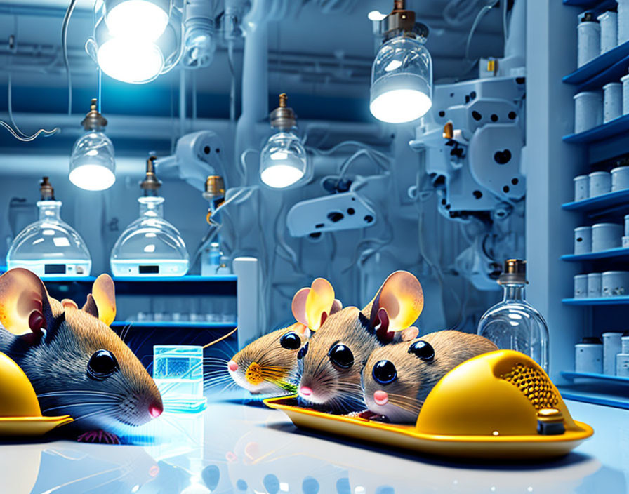 Three animated mice in construction helmets in futuristic laboratory scene.