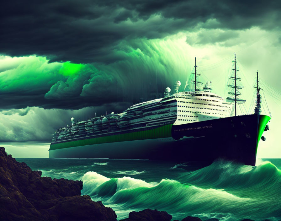 Large green cruise ship in stormy seas with dark clouds and crashing waves