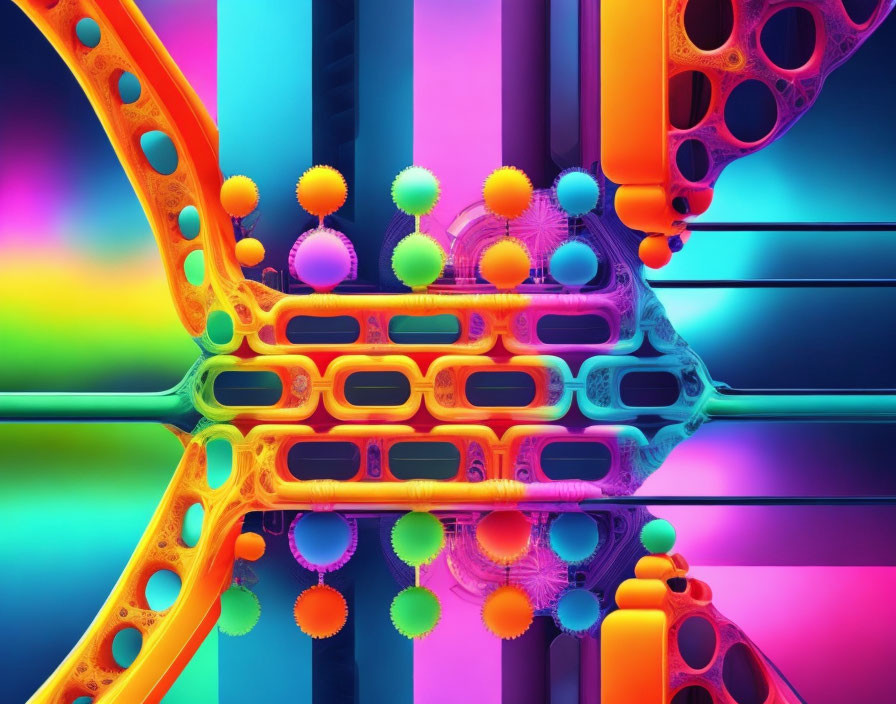 Colorful Abstract Art: Neon Rainbow Palette with Structural and Spherical Shapes