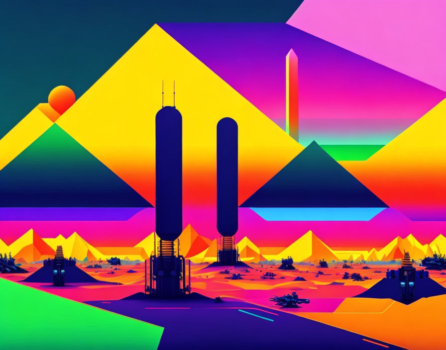 Colorful Abstract Landscape with Geometric Shapes and Mountains