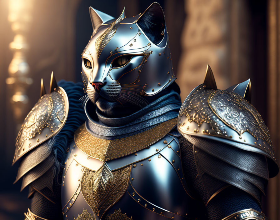 Anthropomorphic cat in ornate medieval armor with gold details