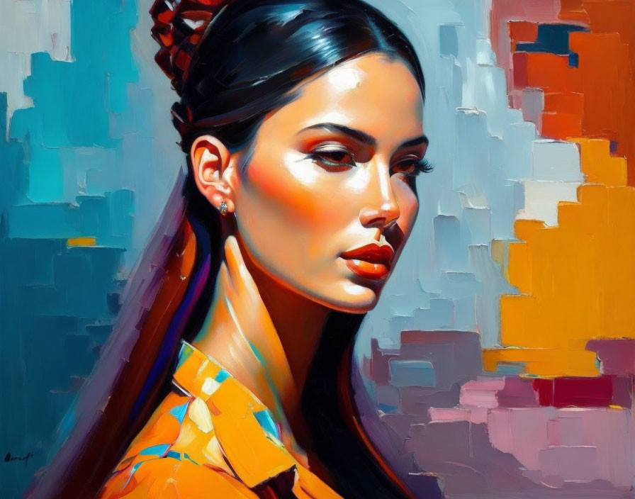 Vibrant Portrait of Woman with Braid and Sharp Facial Features