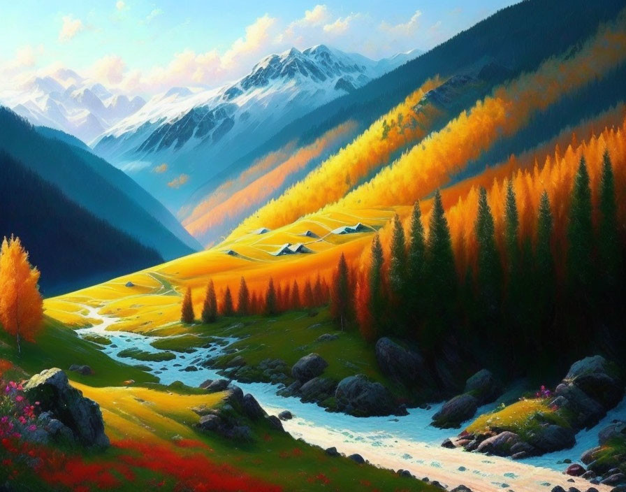 Autumnal mountain valley painting with golden trees and river