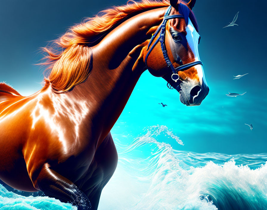 Majestic chestnut horse with bridle in vibrant ocean scene