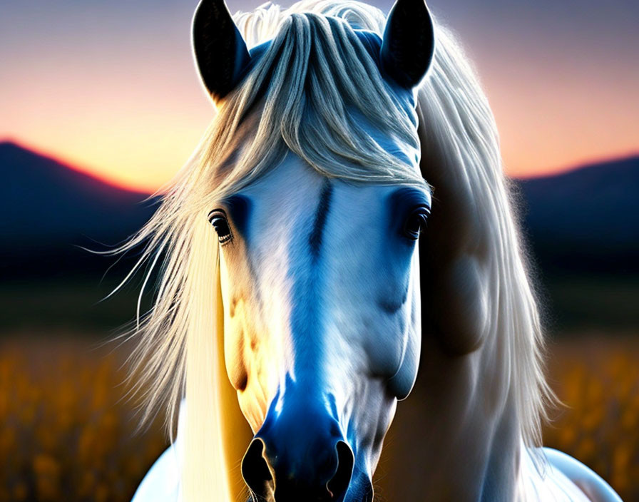 White Horse with Flowing Mane in Vivid Sunset Scene