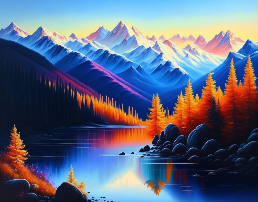 Serene mountain landscape with autumn trees, reflective lake, and majestic peaks