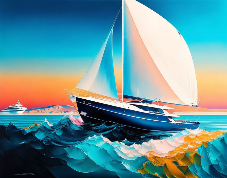 Colorful digital artwork: Sailboat on vibrant ocean waves at sunset