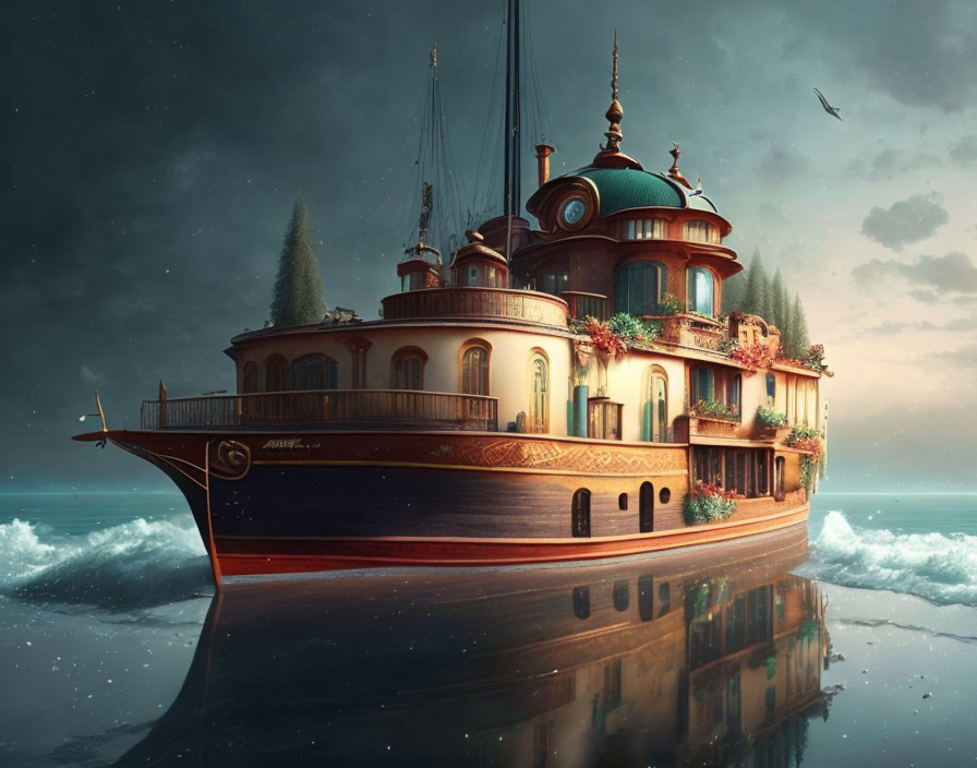 Victorian house-inspired ship with lush greenery sailing at dusk