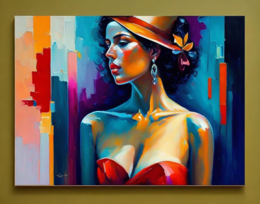 Colorful Abstract Portrait of Woman in Hat and Red Dress with Geometric Background