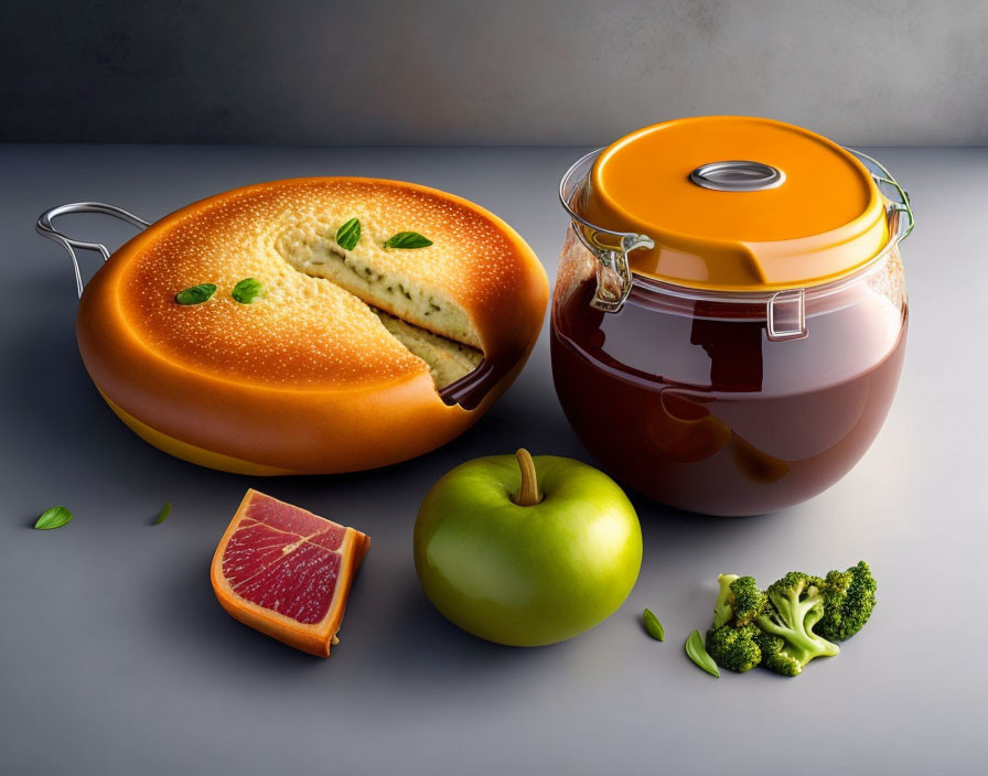 Food and kitchenware themed photo manipulation with sandwich bun pan, pot, apple, broccoli, grapefruit