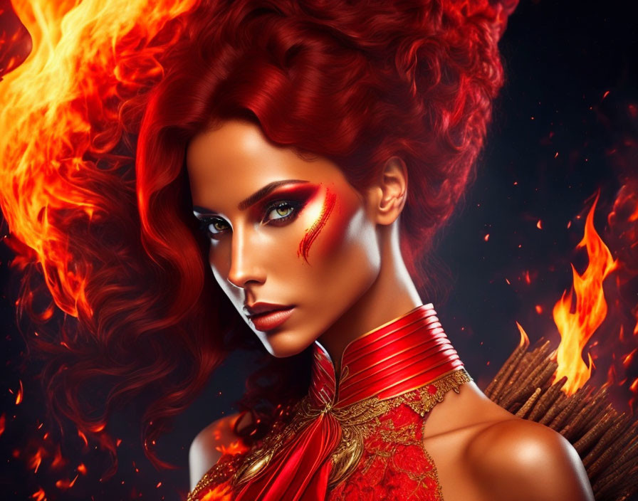 Fiery Red Hair Woman with Flame-Inspired Makeup on Blazing Background