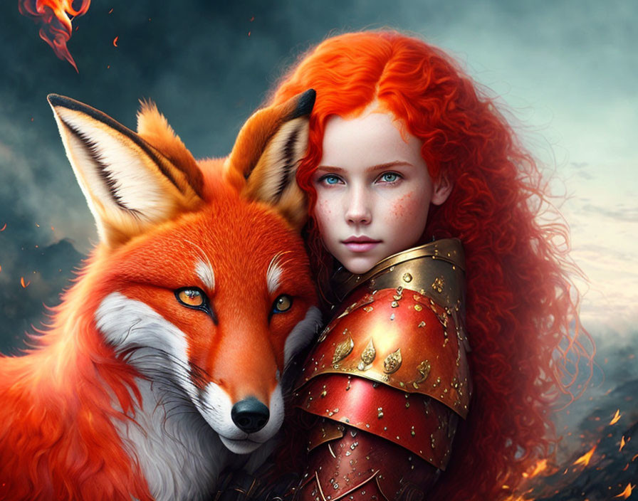 Red-haired girl in armor with blue eyes and fox in stormy backdrop.