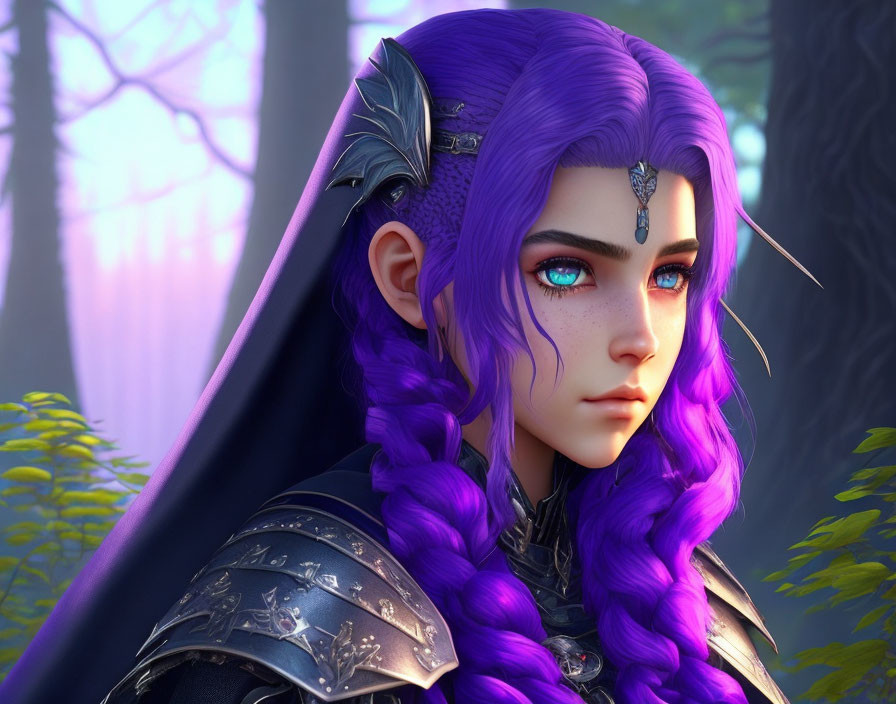 Purple-haired elf with blue eyes in silver armor in mystical forest