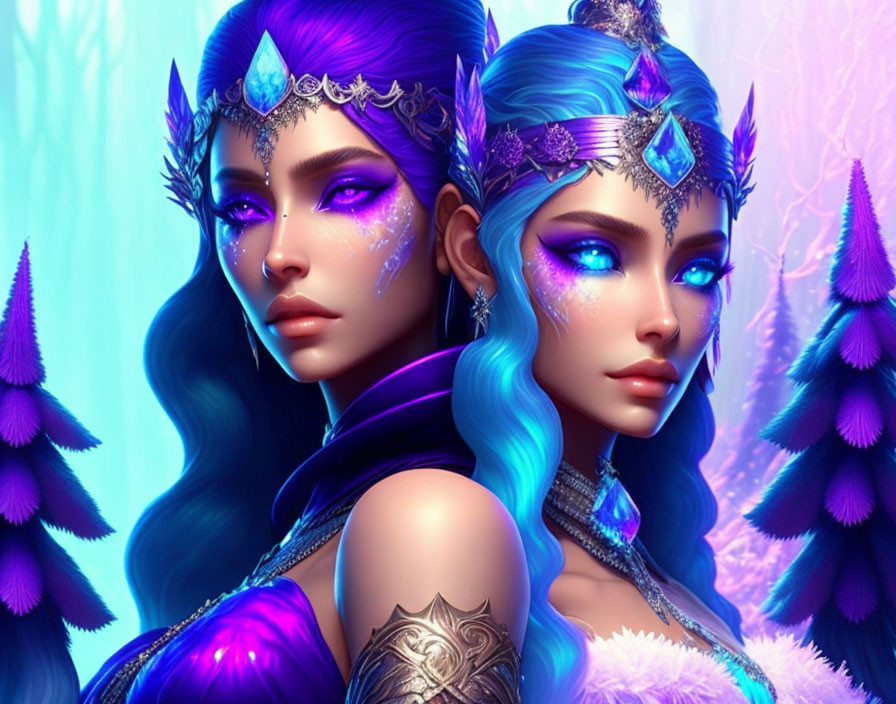 Illustrated female characters with blue hair and fantasy makeup in enchanted forest.