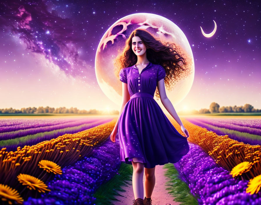 Woman in Purple Dress in Lavender Field under Whimsical Moon