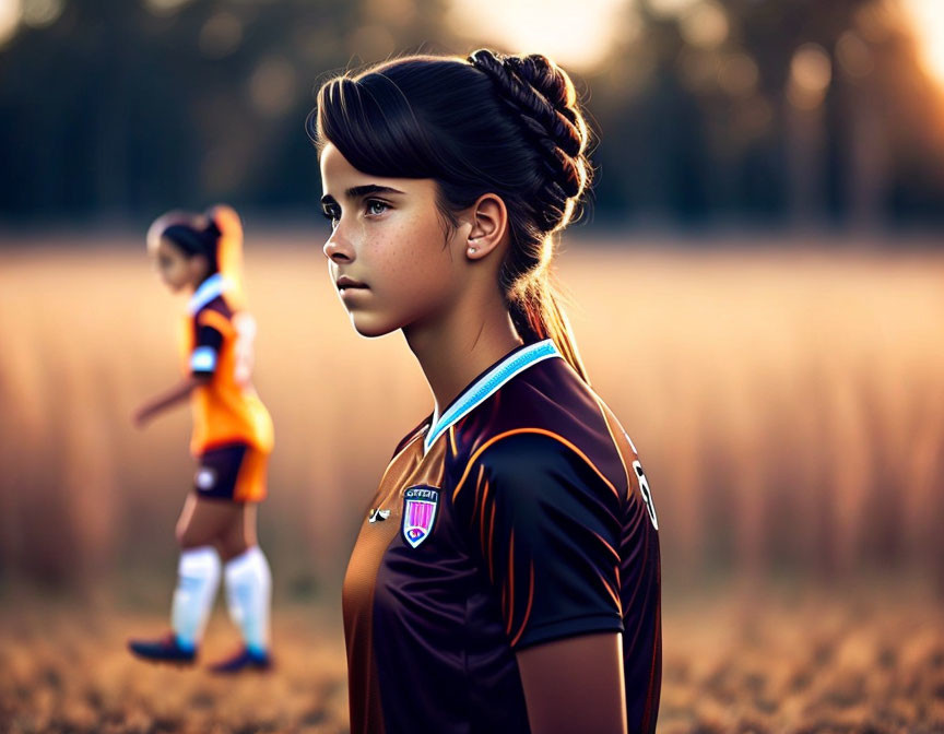 Young female soccer player in brown jersey on field at dusk