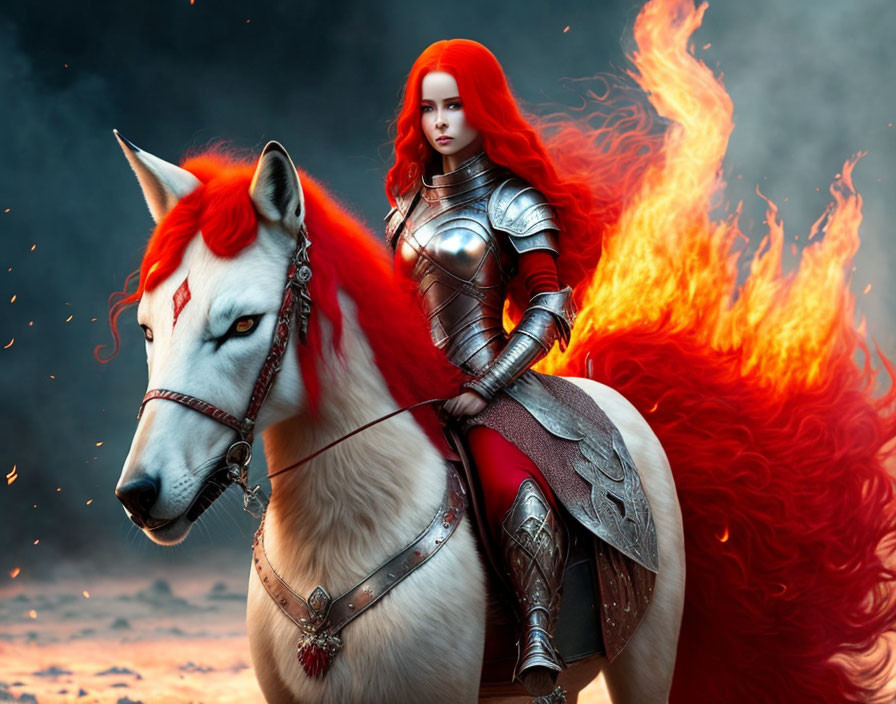 Vibrant red-haired warrior in silver armor on white horse against fiery sky