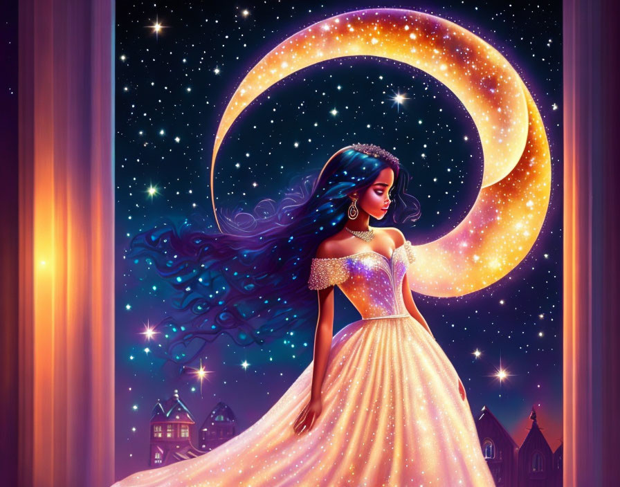 Illustrated woman in gold dress with blue hair under crescent moon.