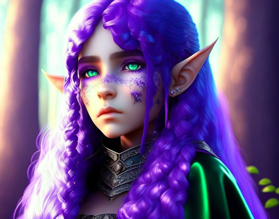 Fantasy elf with purple hair and star-shaped markings in forest setting