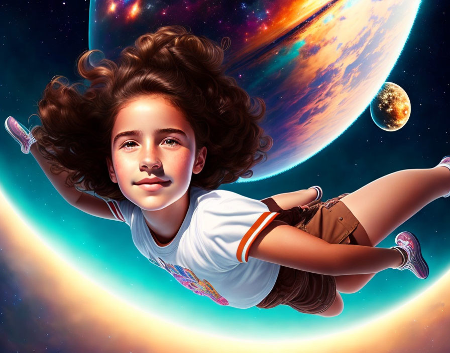 Young girl with flowing hair floating in space with colorful planets in the background