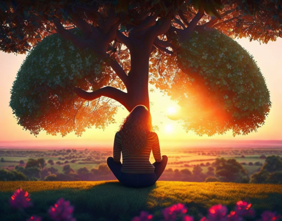 Person sitting under large tree at sunset with warm glow and flowers.