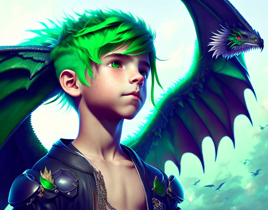 Vibrant green-haired boy with dragon wings beside a dragon