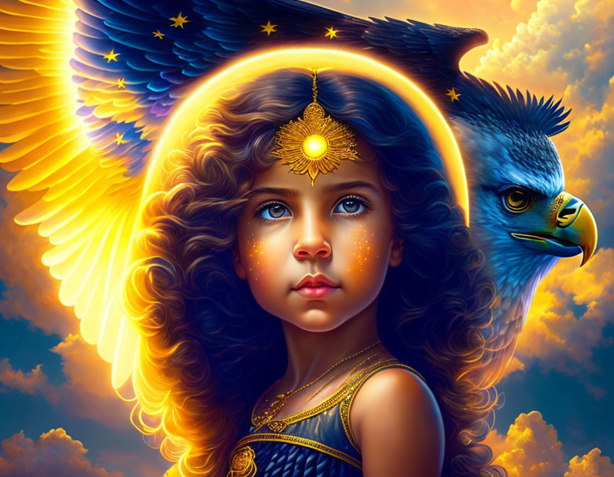 Surreal portrait of young girl with glowing halo and eagle head in twilight sky