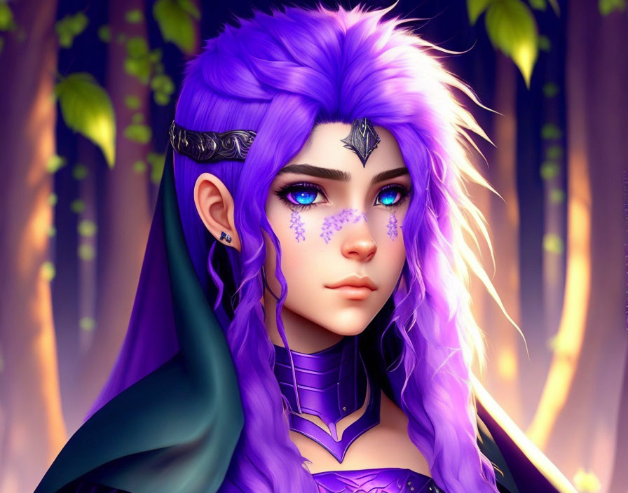 Fantasy Artwork: Person with Purple Hair, Pointed Ears, Blue Eyes, and Face